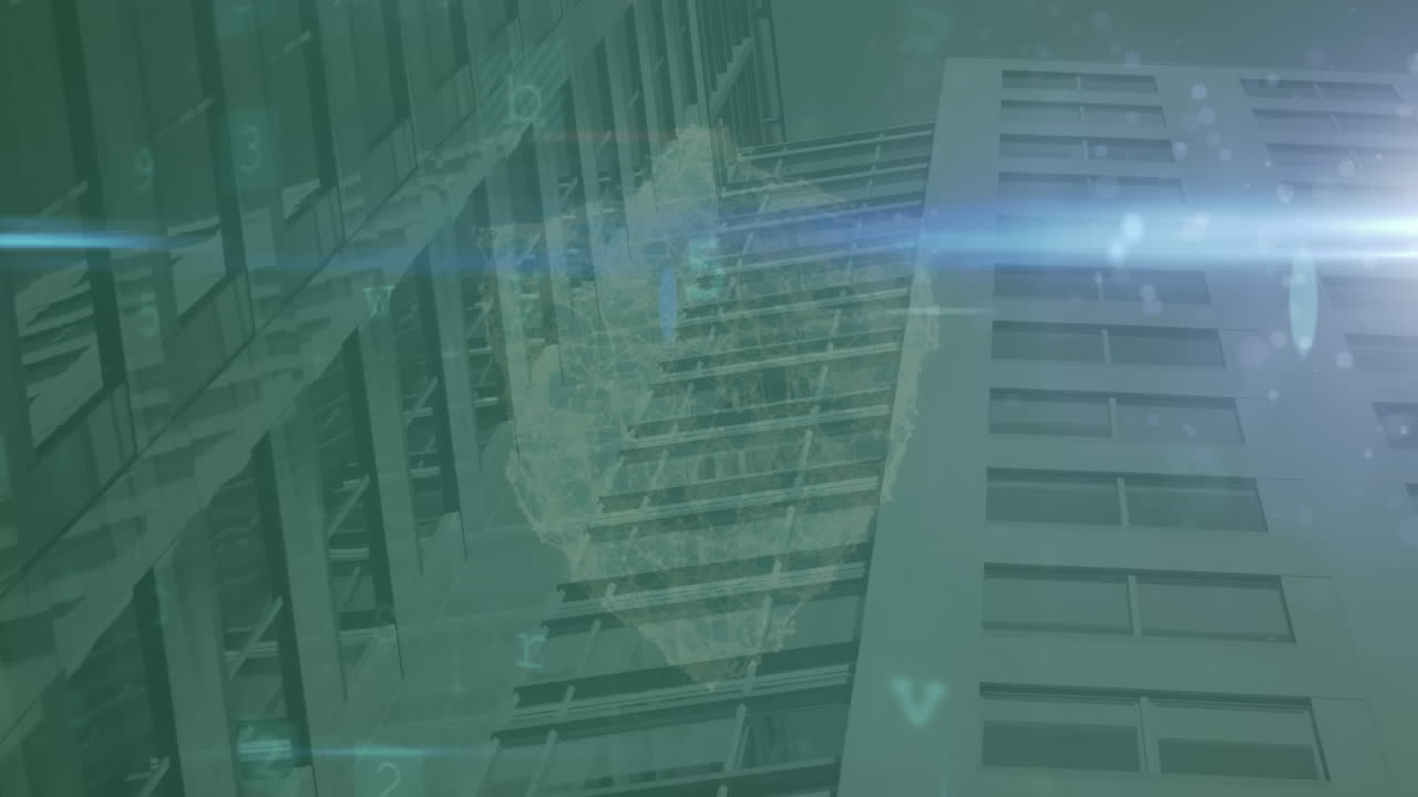 Animation of lights, warning and digital shield over skyscrapers