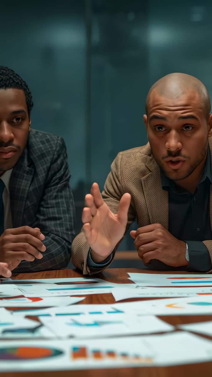 Vertical video: Businessmen scanning charts leading presenter sharing data in boardroom, with pen