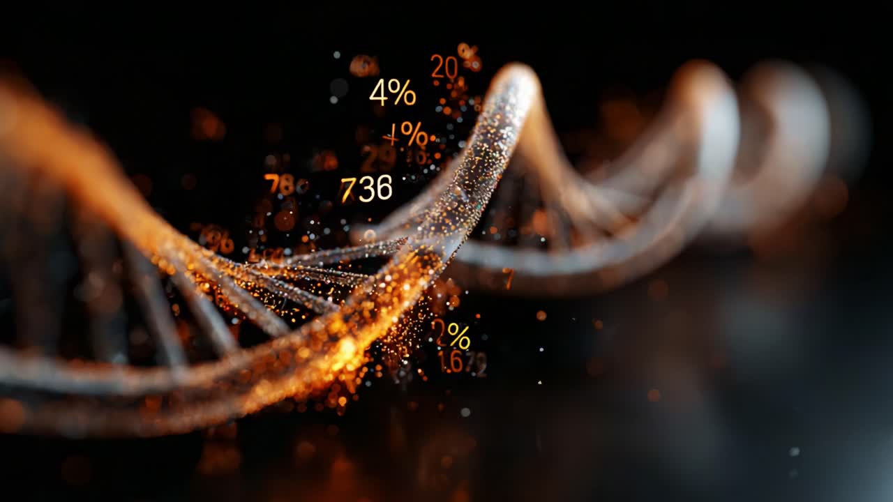 Intricate Visualization of a DNA Helix: A Stunning 3D Representation Showcasing Genetic Information with Dynamic Percentages and Particles in a Dark Atmosphere