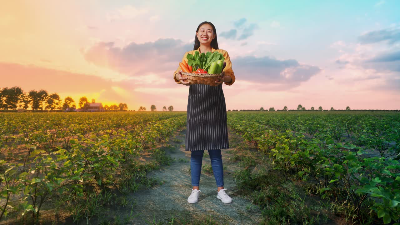 cuerpo lleno de agricultora asiática dando canasta con verduras y sonriendo cálidamente en el campo