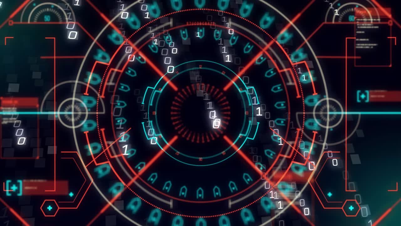 Su HUD di scansione, anelli del bersaglio reattivi pulsano, archi ciano ruotano, quadrati di dati spiraleggiano bloccando il nucleo.