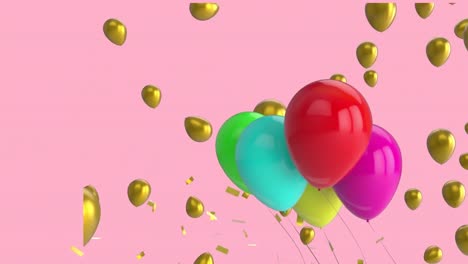 Animation-of-gold-confetti-falling-with-gold-and-colorful-balloons-on-pink-background