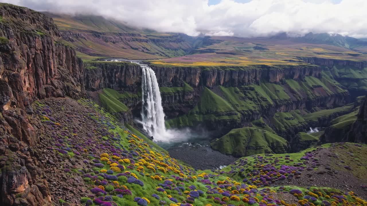Aerial video captures a majestic waterfall cascading into a lush canyon, surrounded by vibrant
