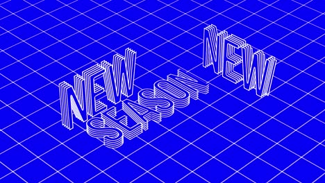 animation of new season in 3d white line text with white grid on blue background