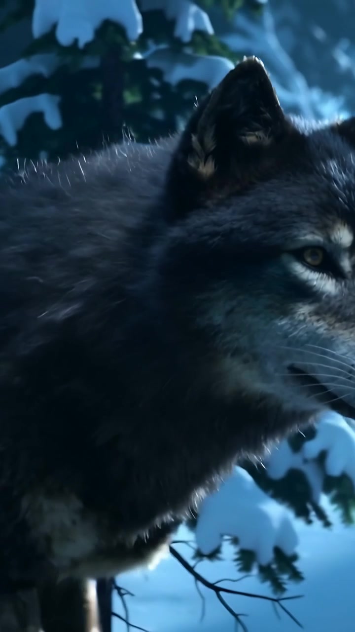 Vertical video: Entering from left, large wolf moving through snowy conifer forest, scanning ground