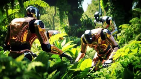exploring the lush greenery: advanced robots interacting with nature in a verdant environment