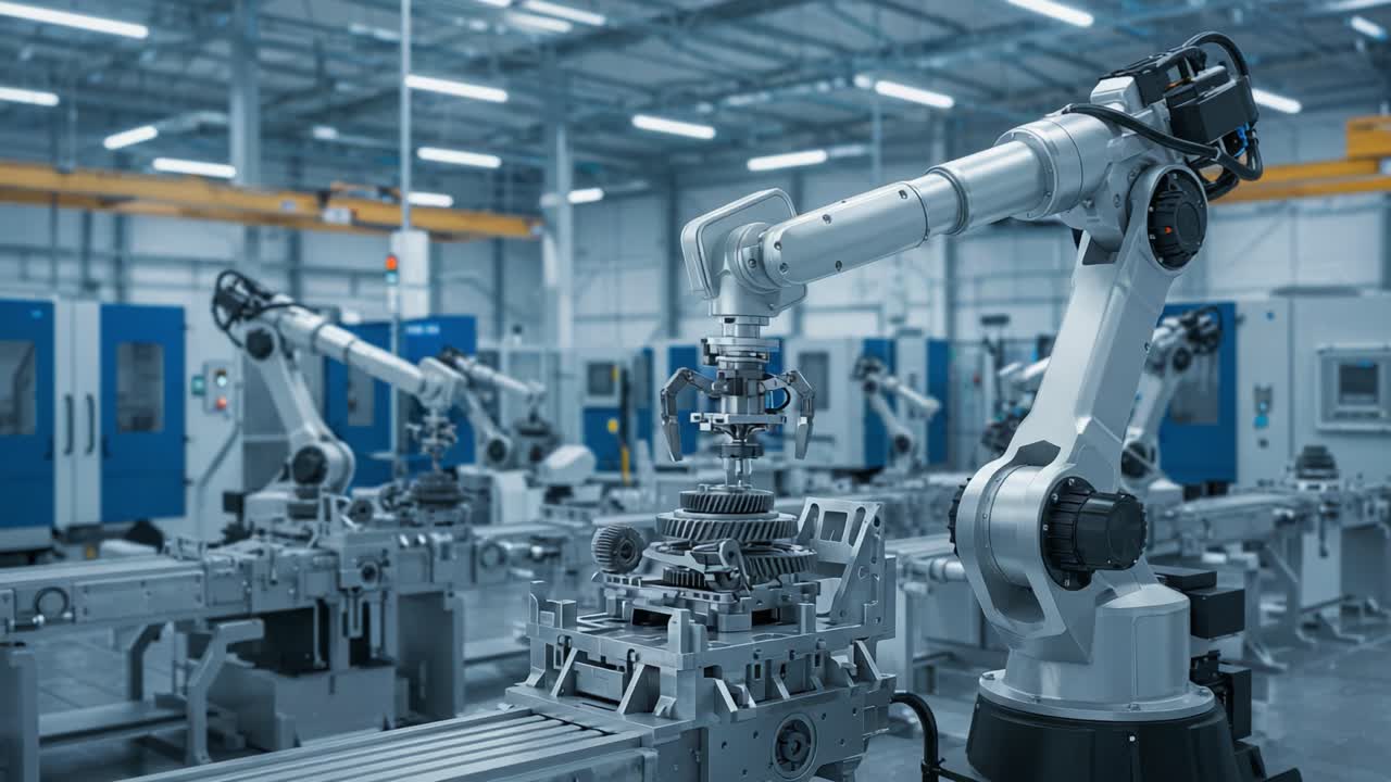 Automated Industrial Robot in a High-Tech Manufacturing Facility Performing Precision Assembly Operations on Machine Components Amidst Advanced Machinery and Automation Technology