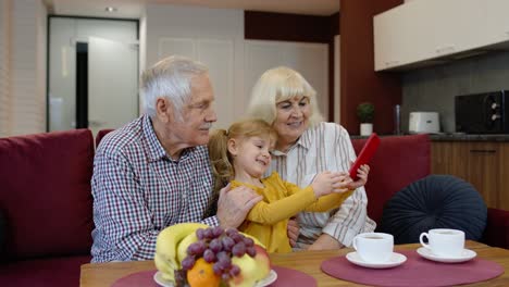 Pareja-De-Ancianos-Abuelos-Con-Nieta-Infantil-Haciendo-Fotos-Selfie-Juntos-En-El-Teléfono-Móvil