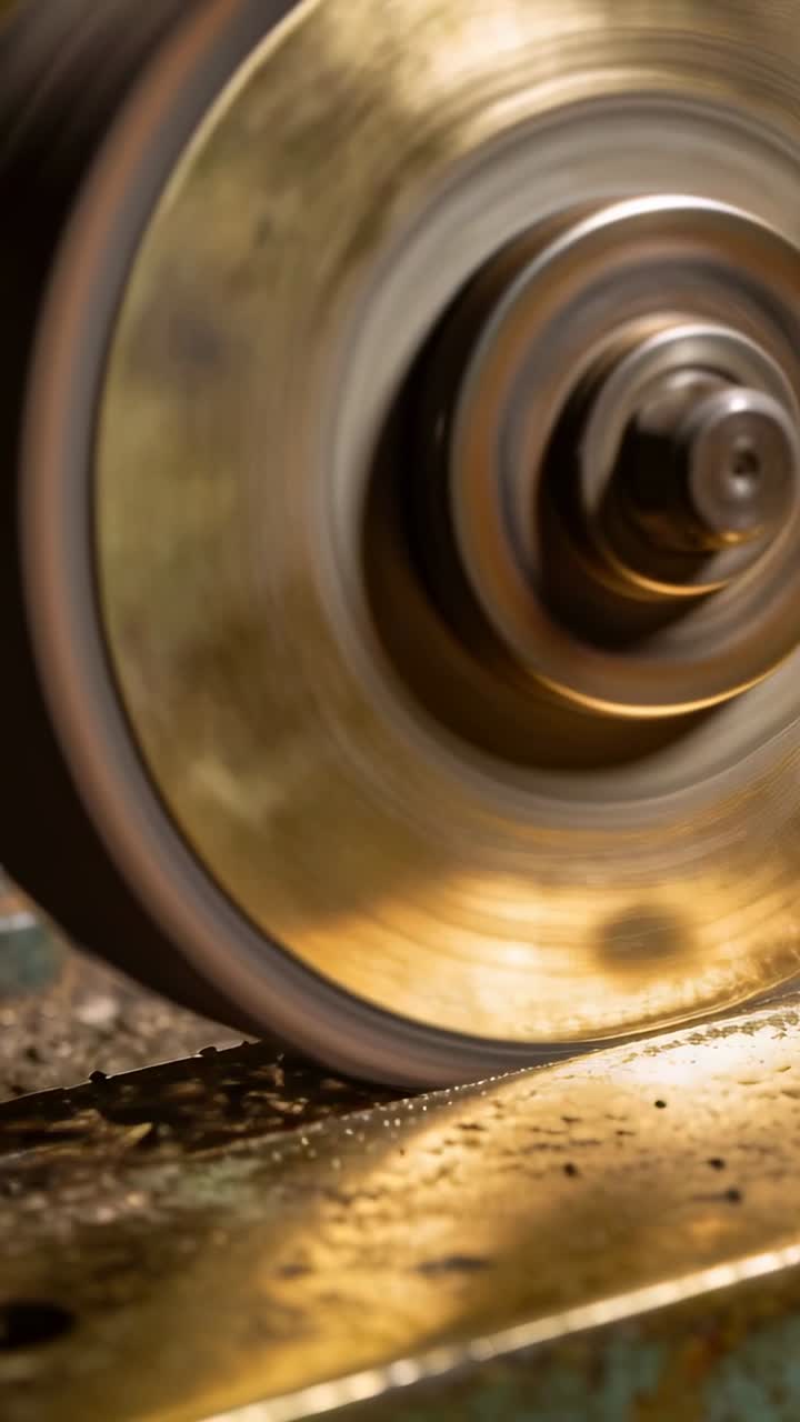Video verticale: Motore in azione, ruota lucidante che leviga una piastra di ottone su un banco, producendo trucioli.