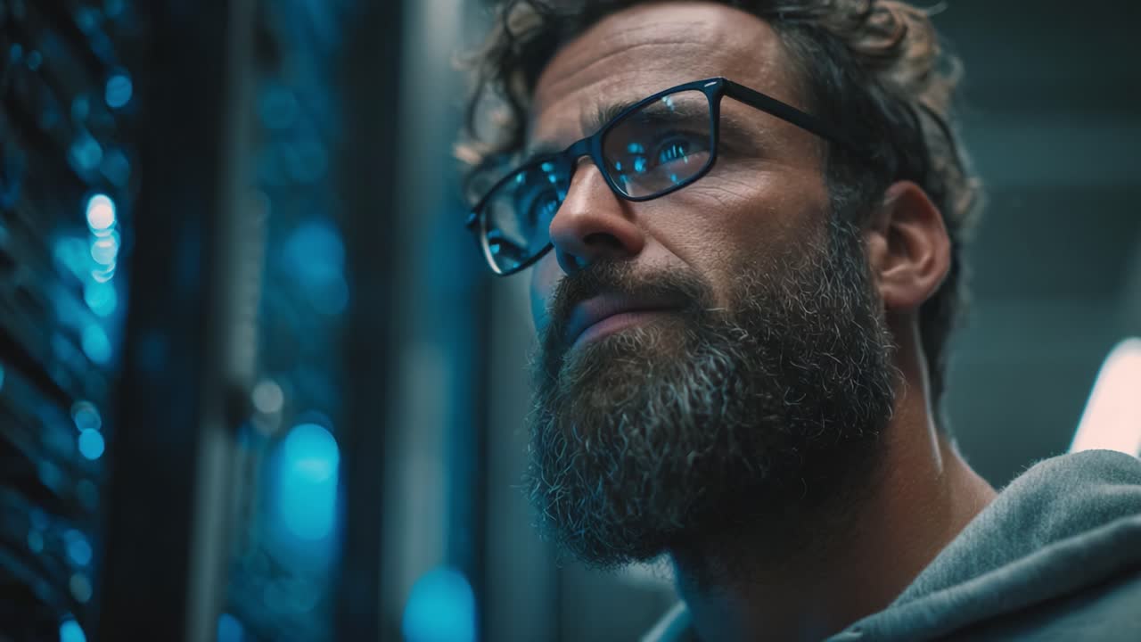 A thoughtful man with glasses and a beard contemplating technology amidst a vibrant server room environment, reflecting on the digital age's impact on our lives
