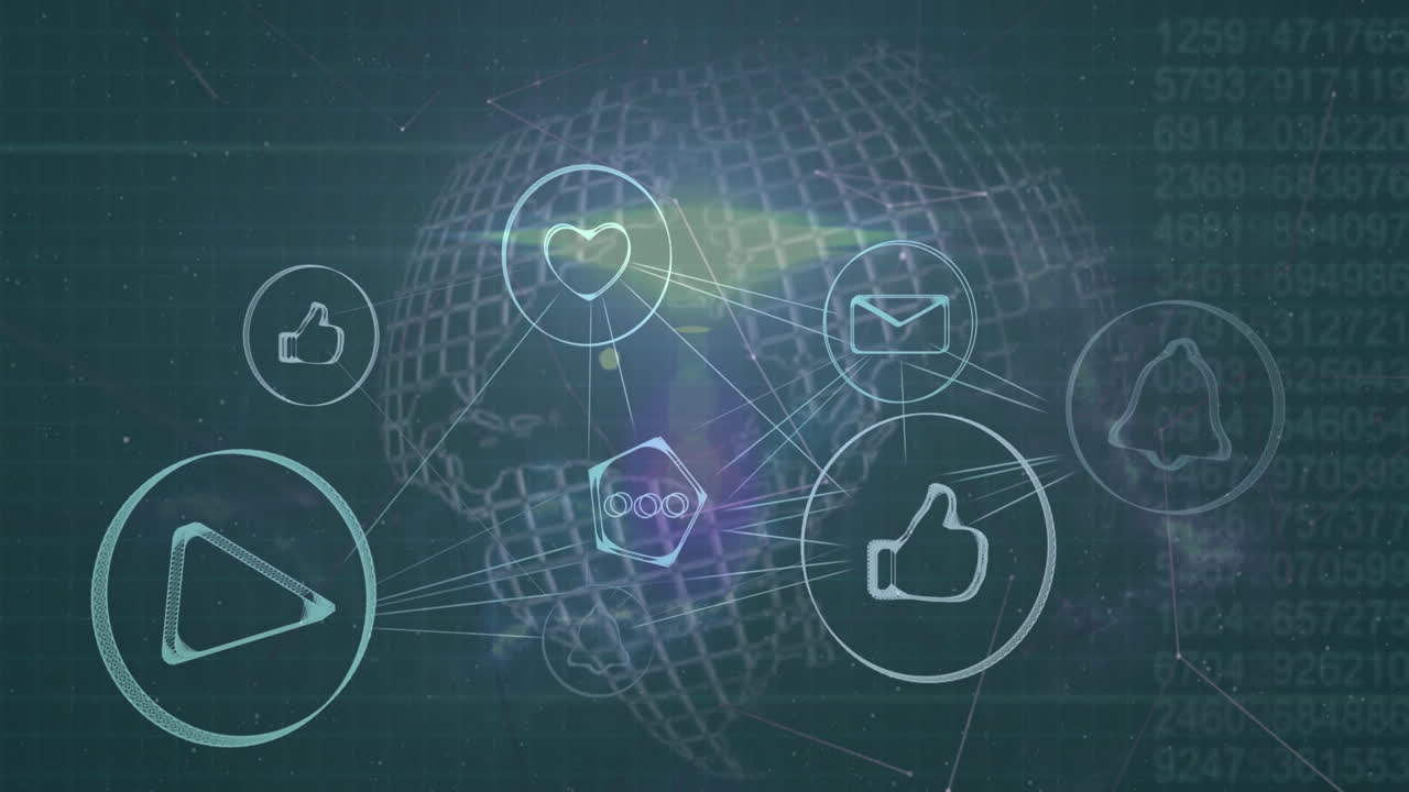 디지털 아이콘 네트워크의 애니메이션과 회전하는 지구 위의 빛 점 및 데이터 처리