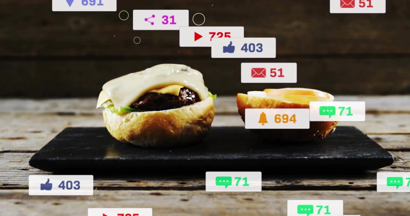 Sauce droplet dropping bun halves drawing swarming badges counters aligning revealing engagement