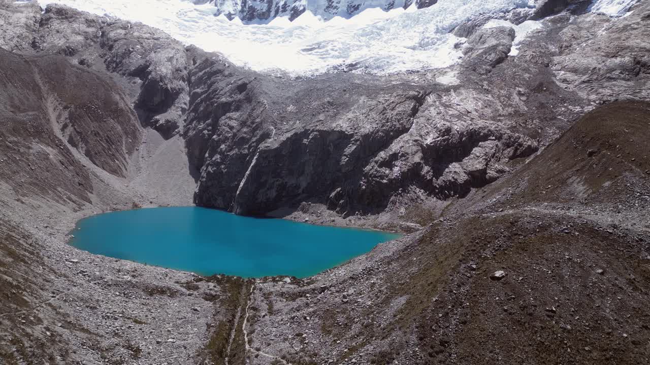Aerial view of Laguna 69 in the high Huayhuash alpine mountains, Peru