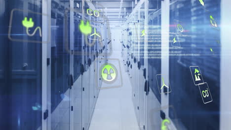 animation of eco icons and digital data processing over computer servers