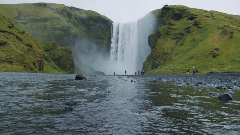 most famous skogafoss waterfall with river reflection, iceland