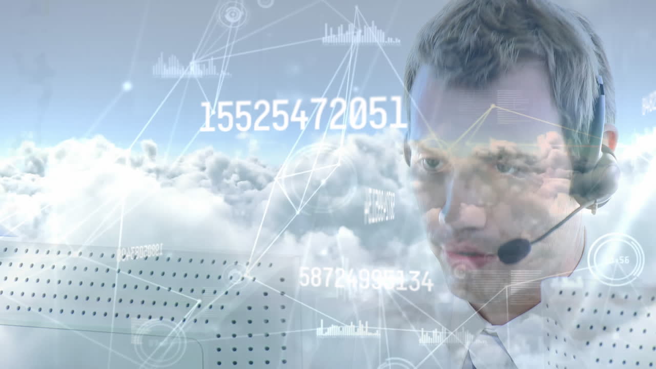 animación de la red de conexiones sobre el hombre de negocios con auriculares en la oficina