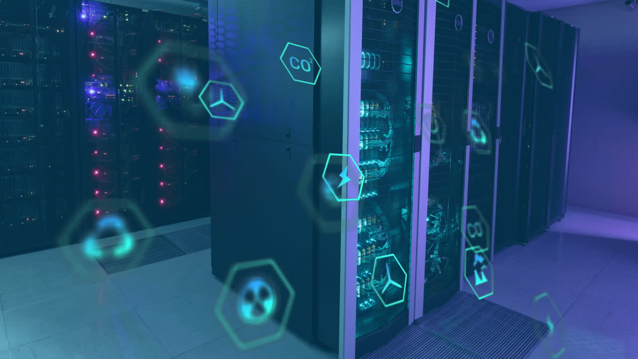 animación del icono en hexágonos sobre los bastidores del servidor de datos en la sala del servidor