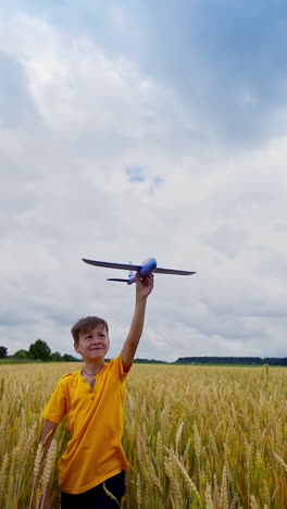 little boy playing on field. cute child in yellow t-shirt walks in agricultural land and holds the toy plane over his head. front view. vertical video
