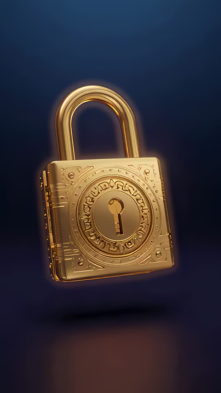 Vertical video: Rotating ornate gold padlock bobbing upon start in studio, revealing keyhole