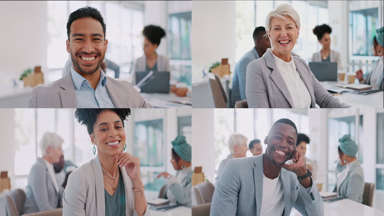 Meeting, office and face of happy business people