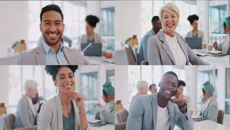 meeting, office and face of happy business people