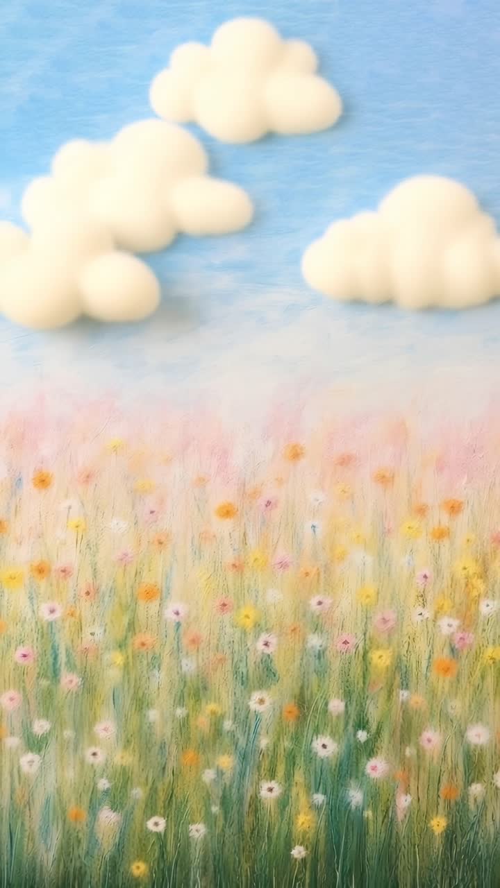 Aerial video view of a vibrant wildflower field under a bright blue sky with fluffy clouds