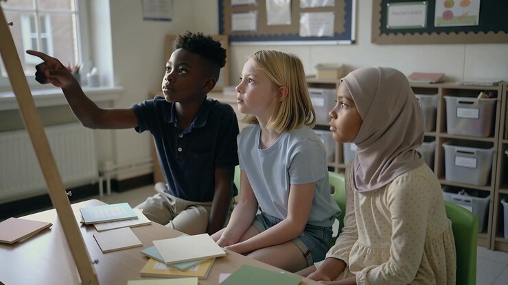 Pointing left student seeing display at easel in class, peer in hijab leaning in working together
