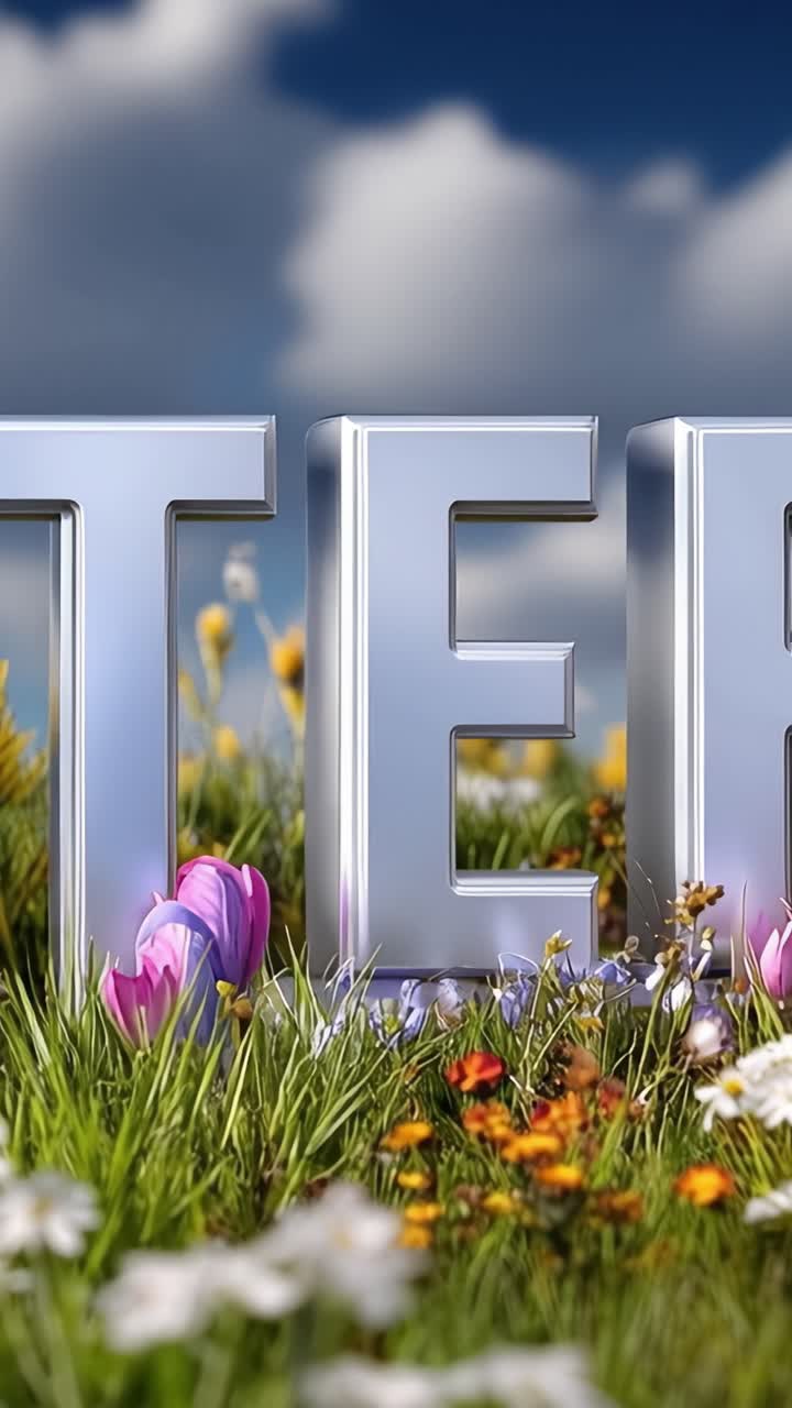 A Vibrant Floral Scene Featuring Large Metallic Letters Surrounded by Colorful Wildflowers Against a Bright Blue Sky and Lush Green Grass