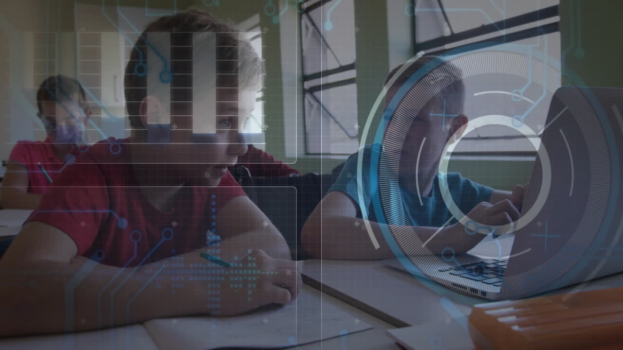Children studying with futuristic data processing animation overlay in classroom