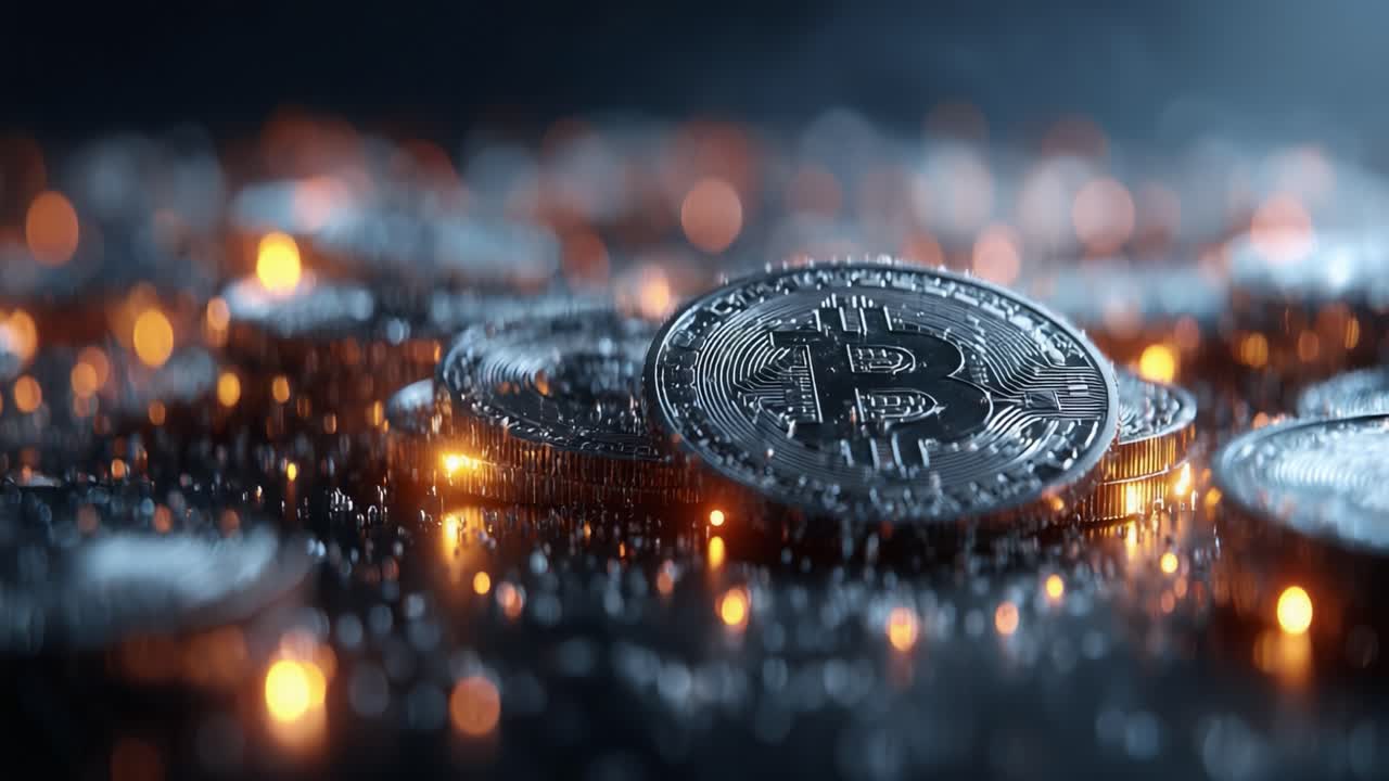 Close-up View of Glimmering Bitcoin Coins on a Shimmering Surface, Highlighting Digital Currency in a Modern Financial Landscape