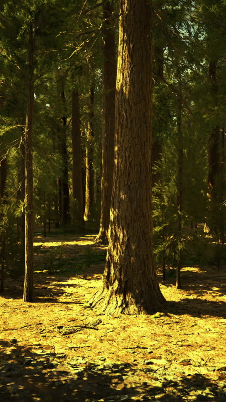 Sunlight filters through ancient trees in a tranquil forest setting