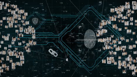 animation of biometric fingerprint data processing and network of connections over dark background