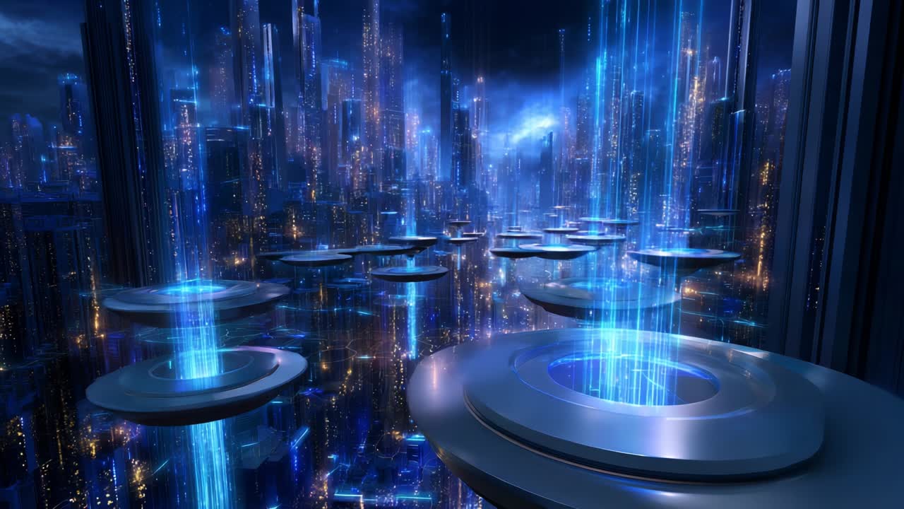Futuristic Cityscape Featuring Advanced Technology With Glowing Blue Beams and Suspended Platforms Overlooking a High-Tech Skyline Illuminated by Dazzling Lights and a Mystical Atmosphere at Night