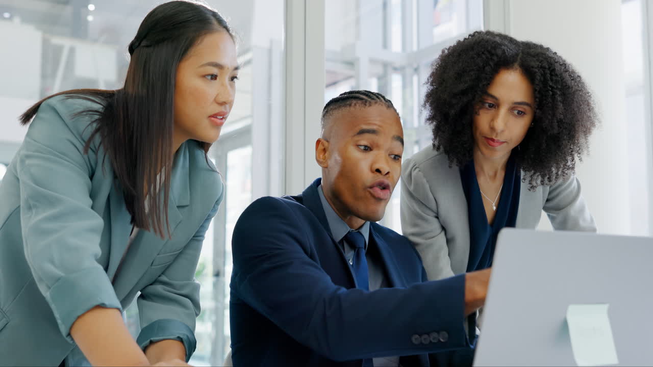 Teamwork, laptop and business people planning