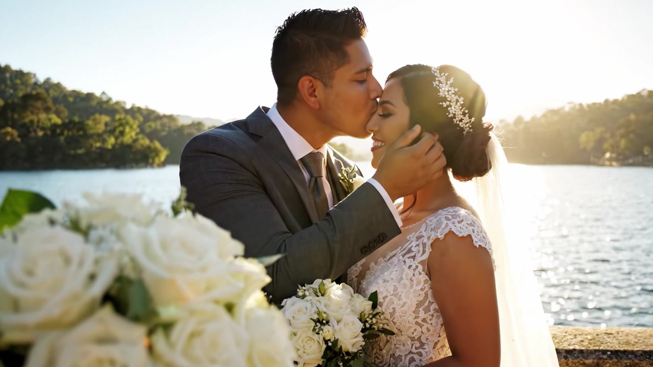Un bellissimo momento nuziale catturato: una coppia che irradia amore in riva all'acqua, circondata da eleganti composizioni floreali e dalla luce dorata del sole.