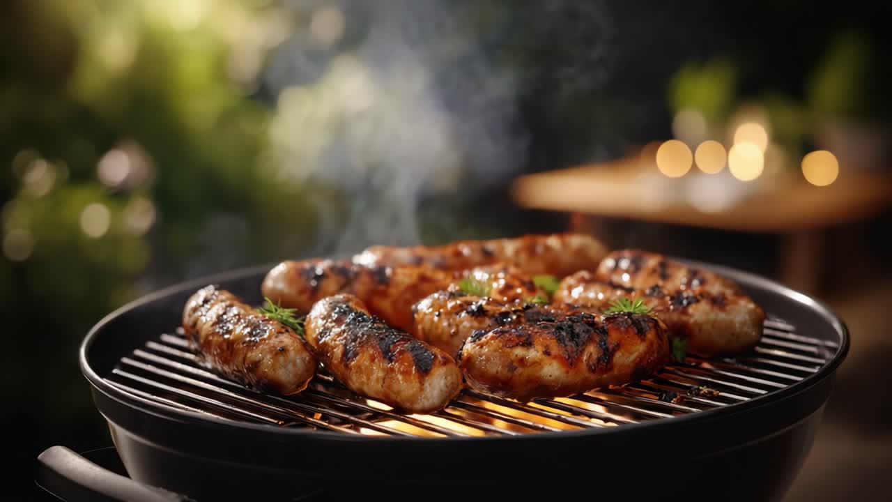 Sydende pølser grillet til perfektion over åben ild i hyggelige udendørs omgivelser, der fremhæver grillkunsten med smukke, lækre grillstriber og aroma.