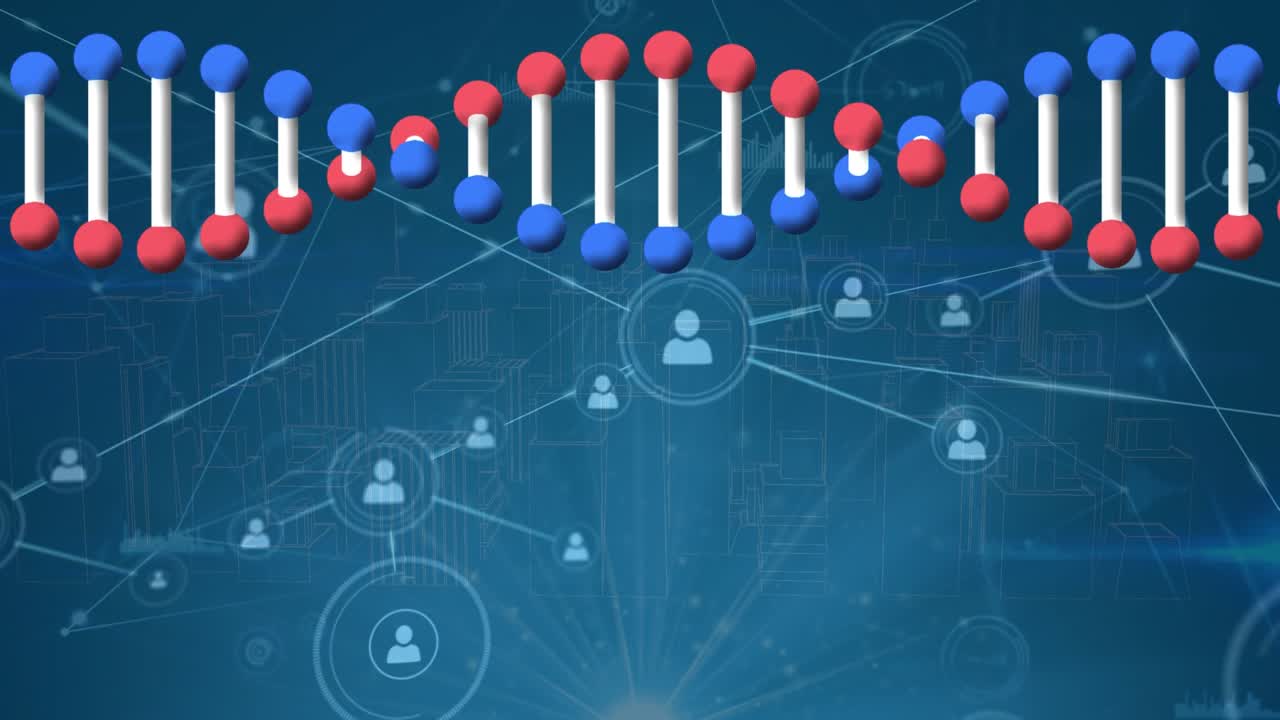 Animation af roterende DNA-struktur over et netværk af profilikoner mod blå baggrund