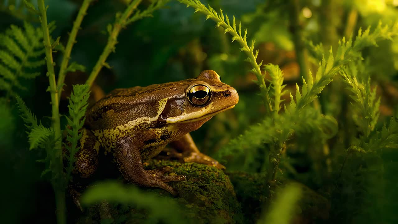 Reacting to gentle breeze, brown-green frog adjusting posture on mossy rock, with ferns, backlight
