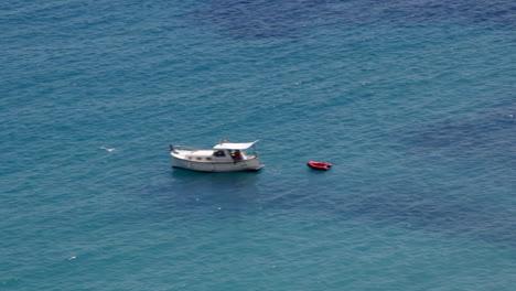 Kleines-Boot-Im-Meer-Mit-Vorbeifliegenden-Möwen