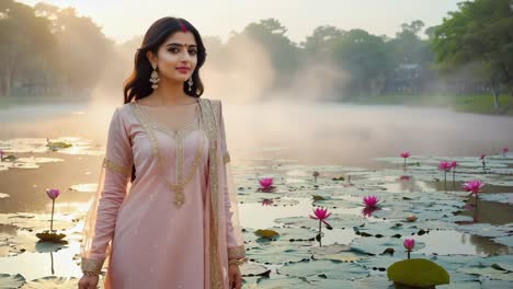 elegant woman wearing traditional clothing poses serenely by a misty pond adorned with blooming lotus flowers, creating a captivating scene at sunrise