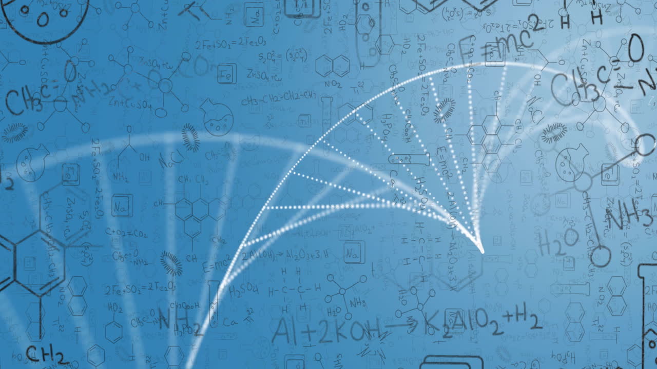 Animation of dna strand and shapes over chemical equations