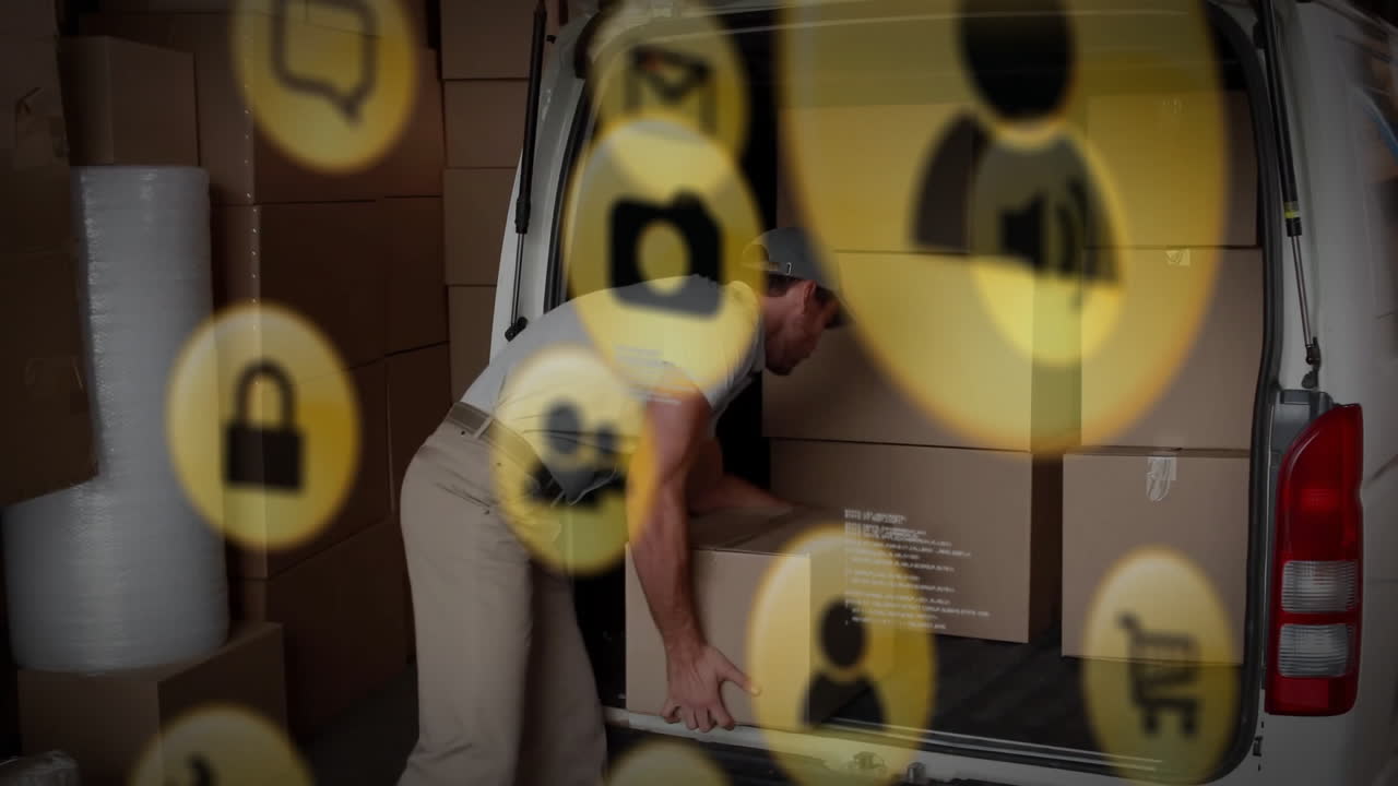 animación de la red de conexiones con iconos sobre el hombre de entrega caucásico por furgoneta en el almacén