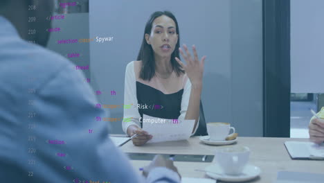 animación de lenguaje informático multicolor sobre diversas mujeres explicando informes a sus compañeros de trabajo