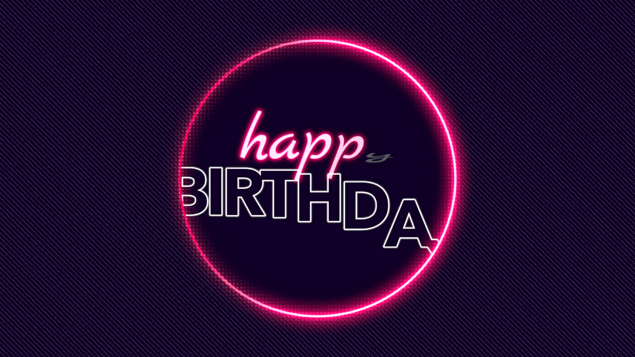 texto de animación feliz cumpleaños y círculo de neón rojo abstracto de movimiento