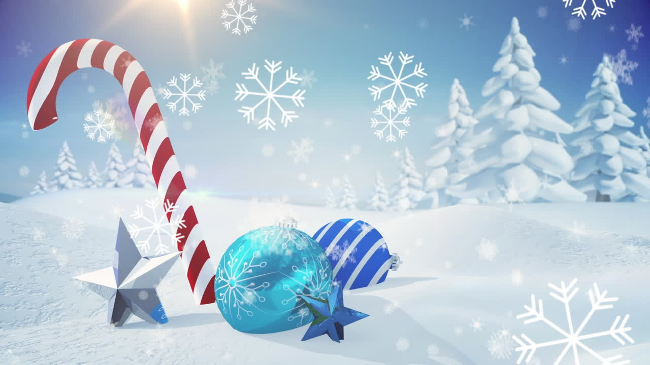 animación de nieve cayendo sobre decoraciones de navidad y paisajes de invierno
