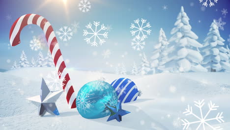animación de nieve cayendo sobre decoraciones de navidad y paisajes de invierno