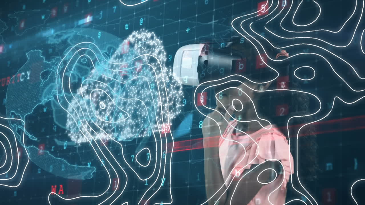 데이터 프로세싱의 애니메이션과 vr 헤드을 착용한 지구상 여학생