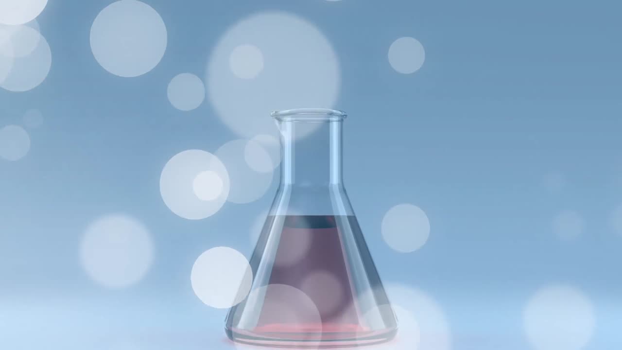Animation of lens flares and liquid filled conical beaker against blue background