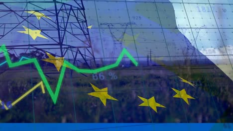 Animation-Von-Gras-Und-EU-Flagge-über-Der-Datenverarbeitung