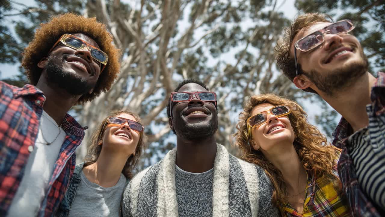 Group of Friends Enjoying a Sunny Day Outdoors While Wearing Colorful Sunglasses, Smiling, and Surrounded by Lush Greenery Beneath a Shady Tree Canopy